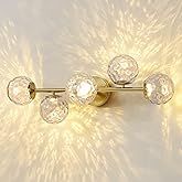 Gold Bathroom Vanity Light Fixtures: 5-Light Hammered Clear Glass Globe Light Fixture Bathroom Wall Sconce over Mirror - Mid 