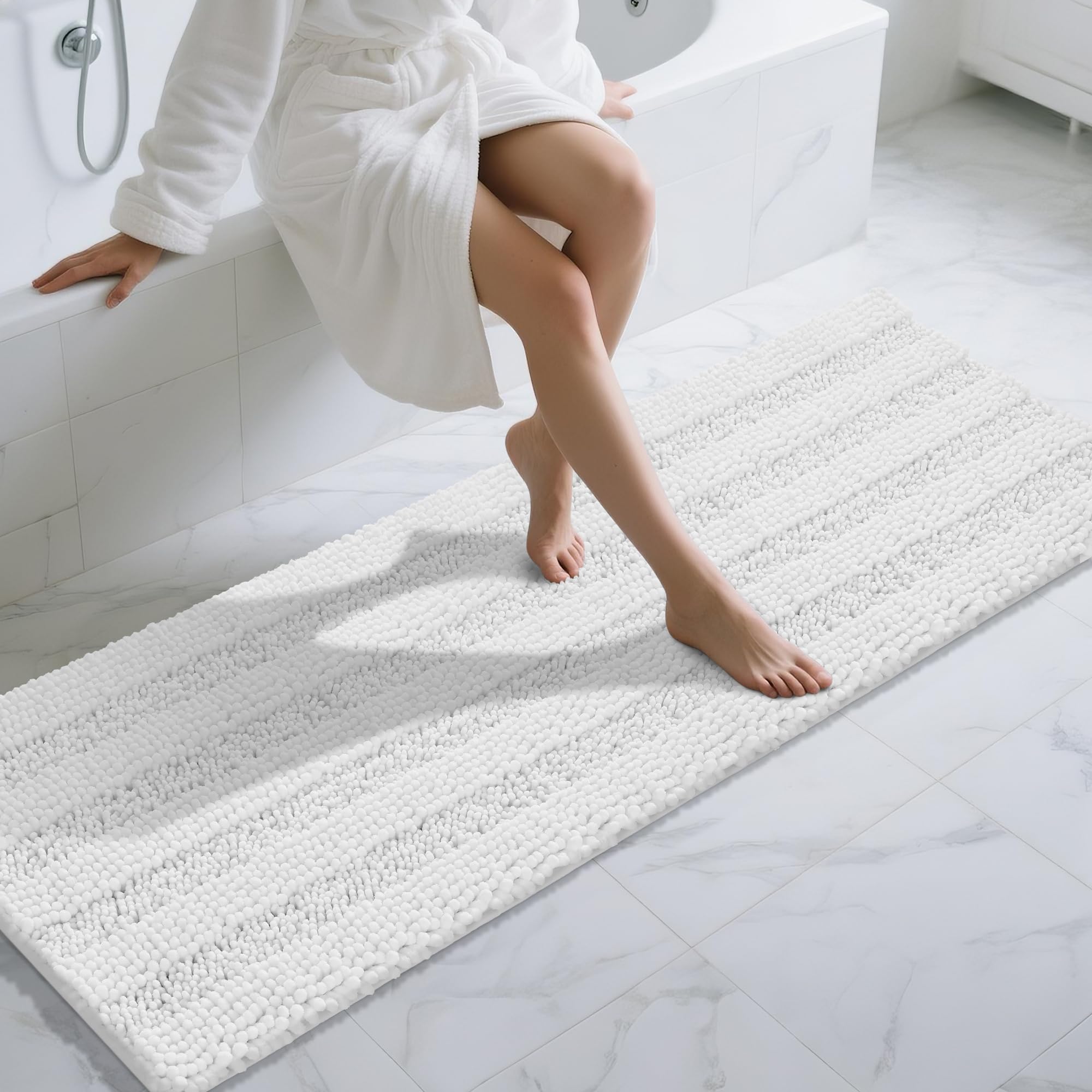 Photo 1 of Yimobra Bathroom Runner Rug, 70 x 24, Long Bathroom Rugs Large Bath Mat, Soft Super Absorbent and Thick, Non-Slip, Machine Washable, Carpets for Home, Nursery, Bed and Living Room, White