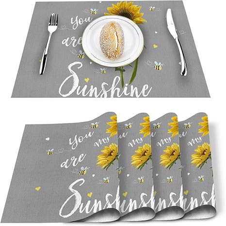 Amazon Com Sun Shine Sunflowers And Bees Placemats Gray Placemat For Dining Table Decorations Heat Resistant Washable Table Mats For Kitchen Dinner Banquet Set Of 4 Home Kitchen