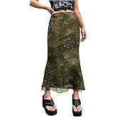 BEAUDRM Women's Floral Midi Skirt Boho Mesh High Waisted Bodycon Summer Skirts