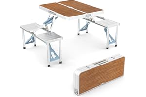 VINGLI 4 Ft Camping Picnic Table Set with 4 Seats with Umbrella Hole Folding Lightweight Suitcase Card Table-220 Lbs Support Aluminum Frame, Plastic RV Tabletop for Barbecue,Travel,Outing,Gathering