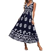 HELYO Women's Maxi Dress Summer Floral Print Flowy V Neck Sleeveless Bohemian Beach Casual Travel Long Dresses 583