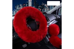 Vacallity 3 Pcs Fluffy Steering Wheel Covers, Universal Soft Comfortable Non-Slip Pure Wool Car Wheel Covers with Handbrake Cover Gear Shift Cover for Woman＆Girl,（Wine Red）