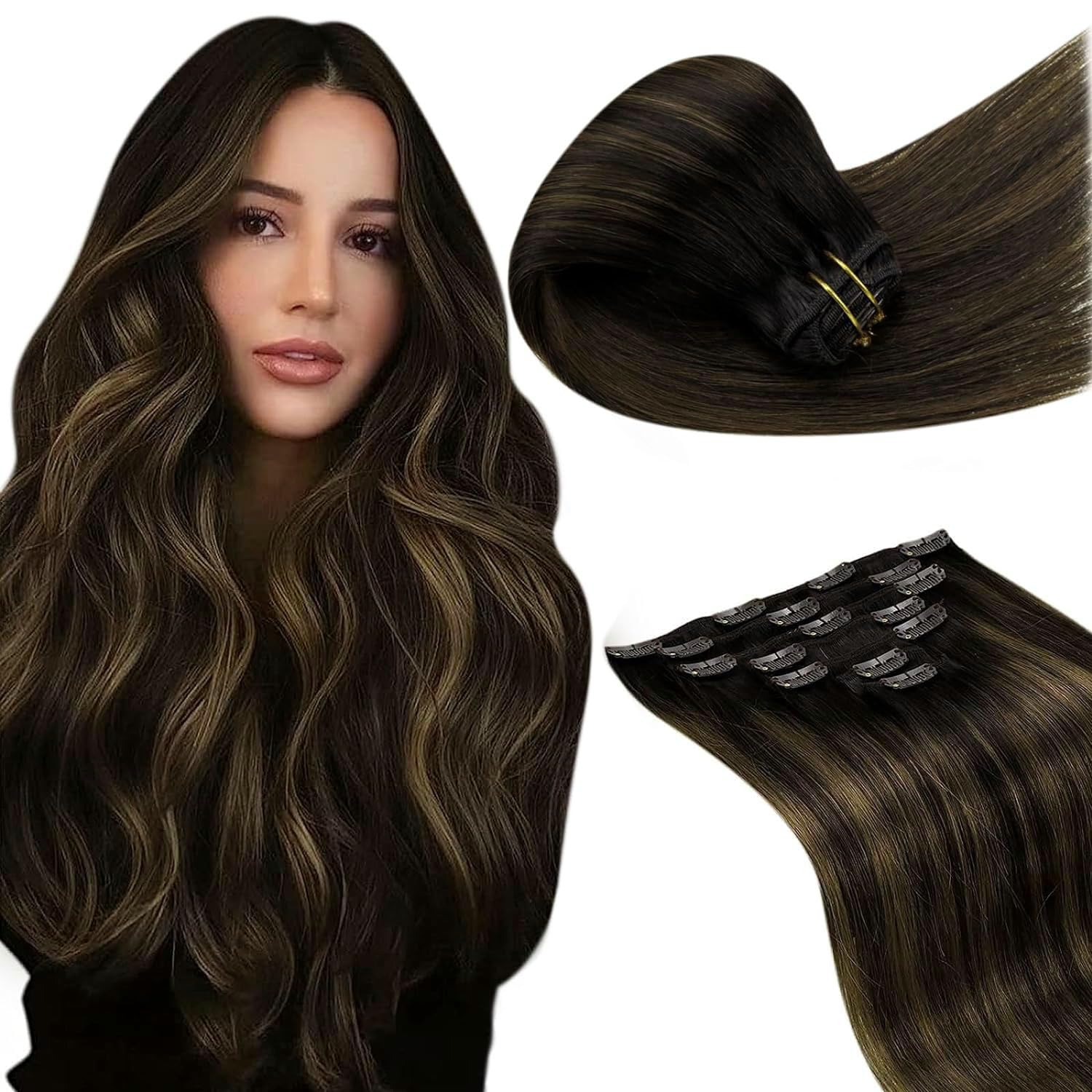 LaaVoo Clip in Hair Extensions Real Human Hair Brown Hair Extensions Clip in 14 Inch 120g 7pcs Full Head Straight Balayage Darkest Brown Remy Hair Double Weft #2/8/2 — image 1