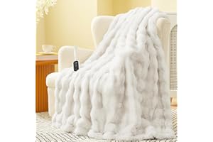 Amélie Home Heated Bubble Faux Fur Blanket Electric - 50"x60" Heating Blanket Throw 2/4/6/8 Hours Auto-Off 8 Heat Level Over-Heat Protection Electric ETL Certification Beige/Off White