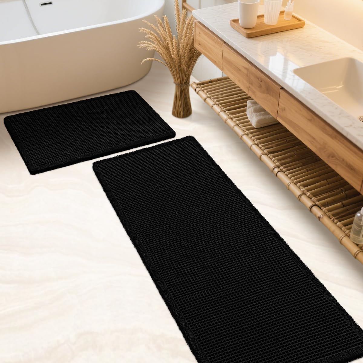 Photo 1 of IM HOME Waffle Bath Mat Set 2 Piece Black,Woven Modern Bath Rug Mats, Absorbent Non Slip Bath Floor Mat, Soft Washable Boho Bath Rugs with Tassels for Bathroom, Bedroom, Kitchen,Tub