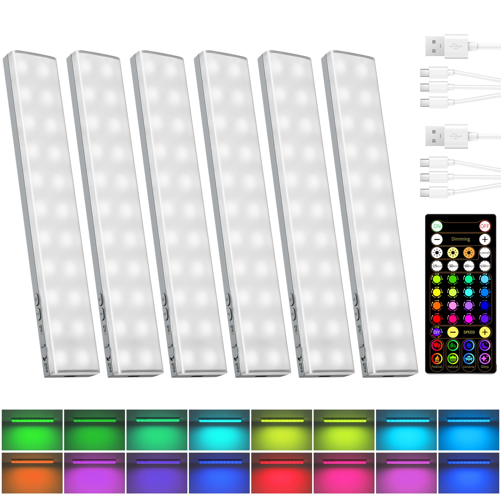 Photo 1 of EZVALO 80 RGB Color Changing Under Cabinet Lighting Wireless, 1800mAh Rechargeable Shelf Lights, Magnetic, Timer & Dimmable Bar Light with Remote for Kitchen, Display Case, Cabinet, 6Pack