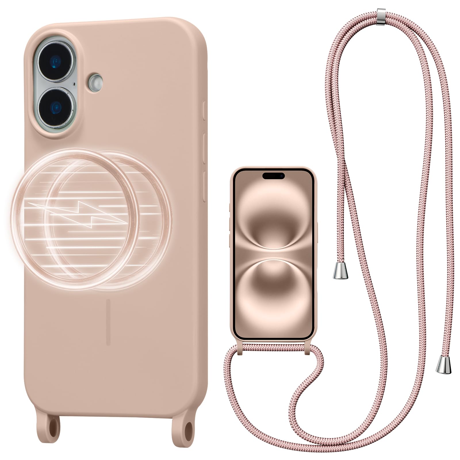 UCASONG Magnetic Crossbody Case for iPhone 16 6.1", Liquid Silicone Case with Adjustable Shoulder Neck Lanyard Strap,[Compatible with MagSafe] Shockproof Protective Phone Cover-Pink Sand