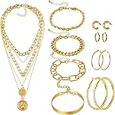 Liliaafar 9 Pcs Gold Jewelry Set for Women Gold Layered Coin Pendant Necklaces Bohemian Chain Bracelet Set Hoop Earrings