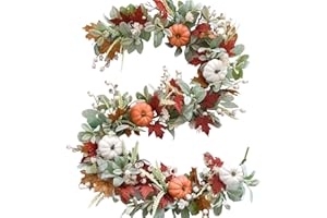 Bibelot Autumn Wreaths Lambs Ears Leaves Maple Leaf Pumpkin Garland 70inches Artificial Fall Garland Decorated on The Walls of The Living Room Hallway Thanksgiving Harvest Gathering Celebration Decor