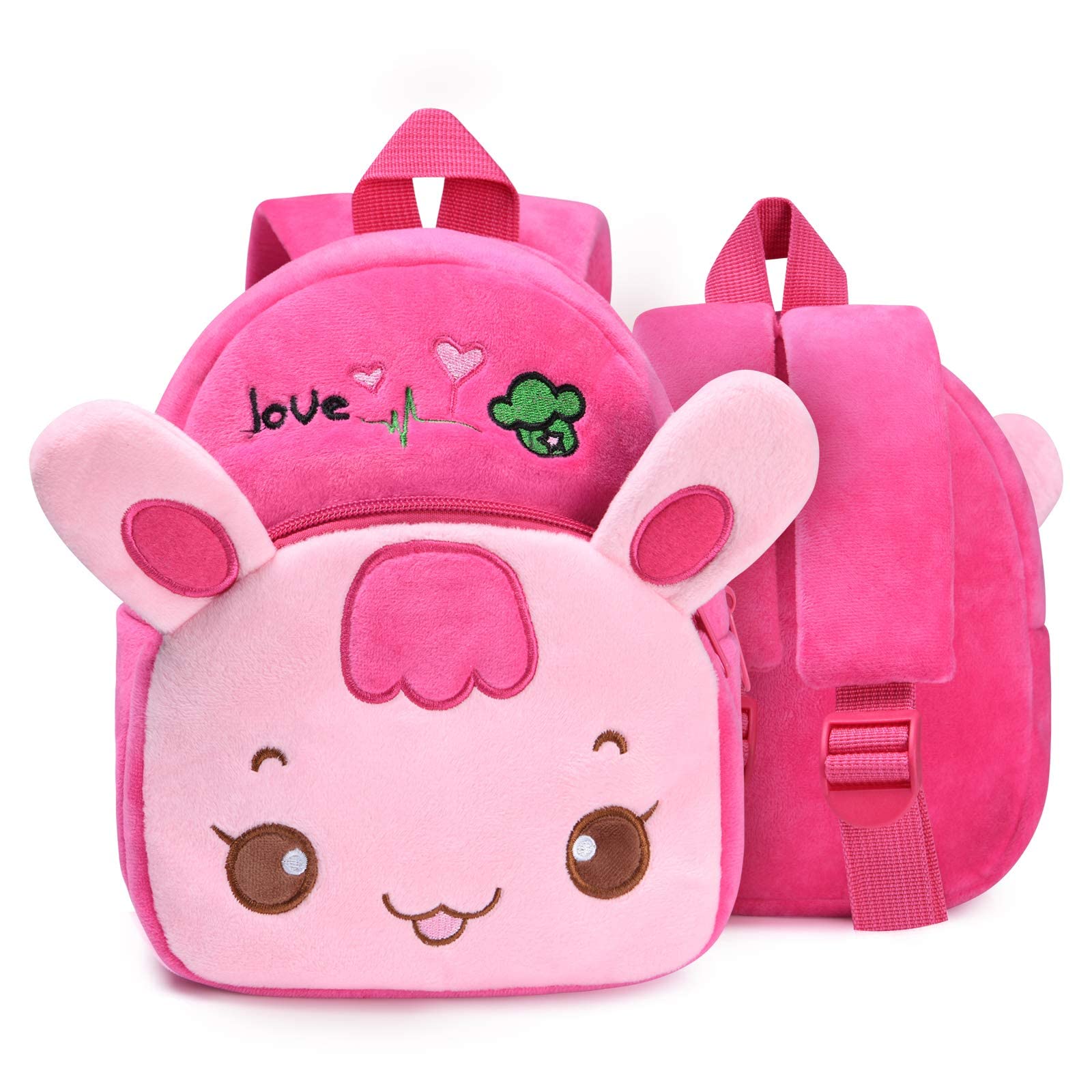 URAQT Toddler Backpack for Girls, Cute Pink Rabbit Kids Backpack Mini School Bag, Comfy Soft Plush Baby Girl Rucksack Toddler Girl Gifts for 1-2 Years Old