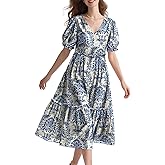 YESNO Summer Floral Midi Dresses for Women V Neck Puff Short Sleeve Frill Trim Dress with Pockets EVX