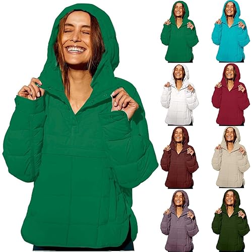 Jackets For Women Uk Quilted Jacket Womens Half Button-Lightweight Puffer Pullover Hoodie Autumn Down Casual Warm Padded Coats With Pocket Oversized Long Sleeve Hooded Coats Winter Warm Outwear