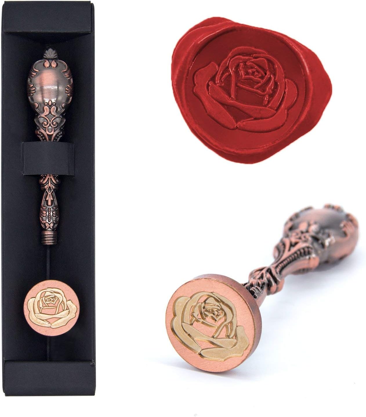 WOCLHJ The Rose Wax Seal Stamp Vintage Sealing Metal Handle (Red Copper) Comes with 1 red Wax Stick