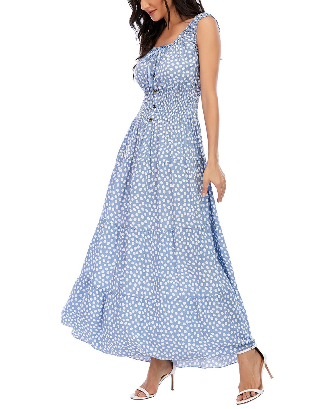 OSTOO Women's Boho Floral Maxi Dress - Summer Tiered Long Dress, Blue Flower Print, Large - View #4