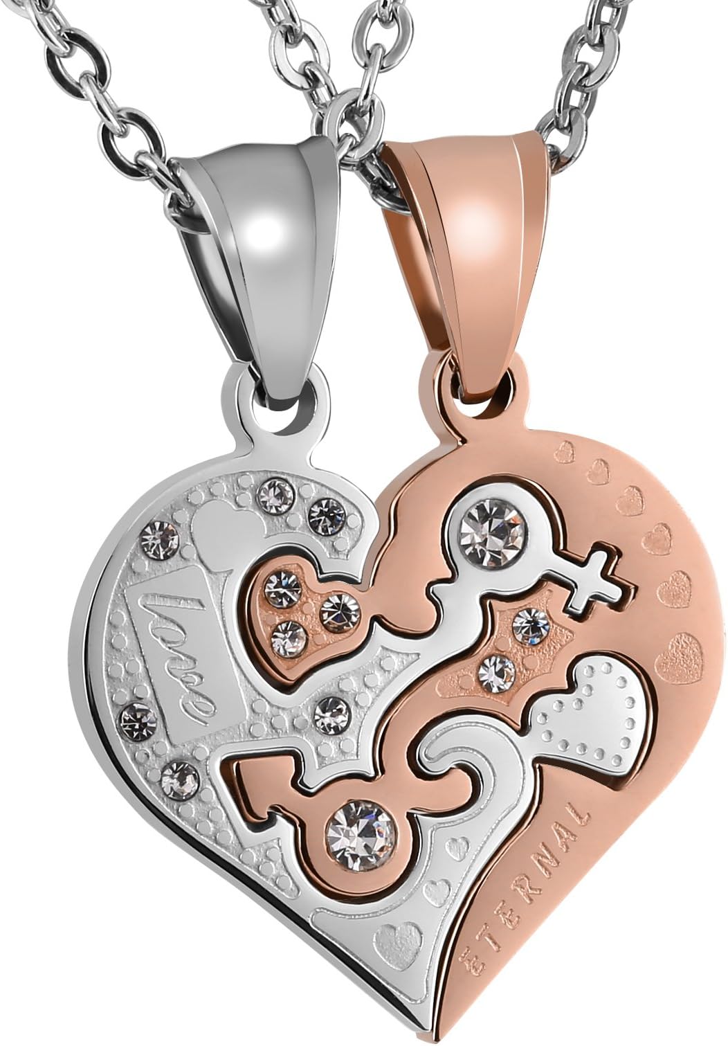 Aeici His and Hers Matching Set Stainless Steel Half Heart Pendant with Cross Puzzle Necklaces