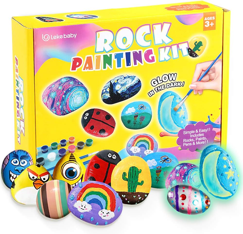 Lekebaby Rock Painting Kit Kids Arts and Crafts 6 natural rocks 6 glowing rocks