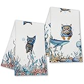 Isfvqyub Funny Orange Cats Kitchen Towels, Ocean Housewarming Hand Towels Gifts for Cat Lovers Pet Owner Women Friends, Farmhouse Home Bathroom Dish Tea Towel Decor, Set of 2-14