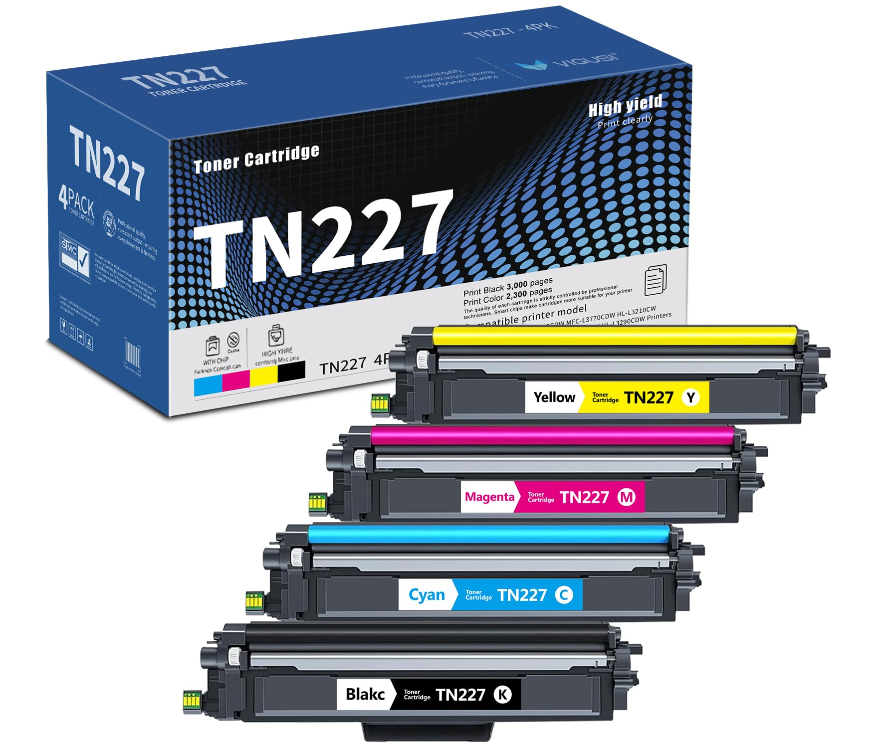Photo 1 of TN227BK/C/M/Y Toner Cartridges High Yield 4-Pack Compatible TN 223 TN223 TN-227 TN 2274PK Replacement for Brother TN227 Color Toner Set with HL-L3210CW, HL-L3270CDW, HL-L3230CDW, MFC-L3710CDW Printer