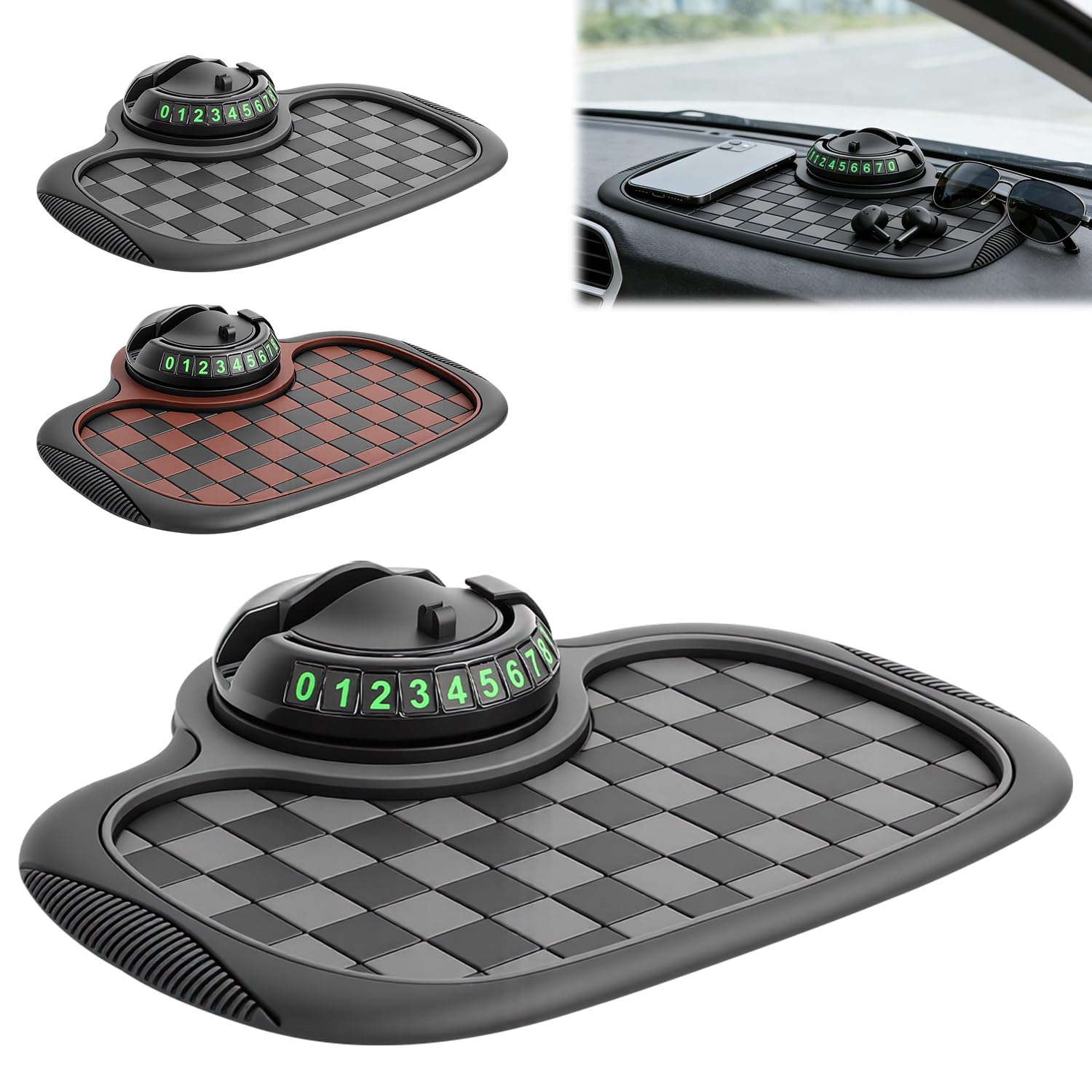 Multifunction Car Anti Slip Mat, 360° Rotatable Phone Holder Dashboard Pad with Temporary Parking Number, Organizer for Phone Sunglasses Keys (Black and Gray Plaid)