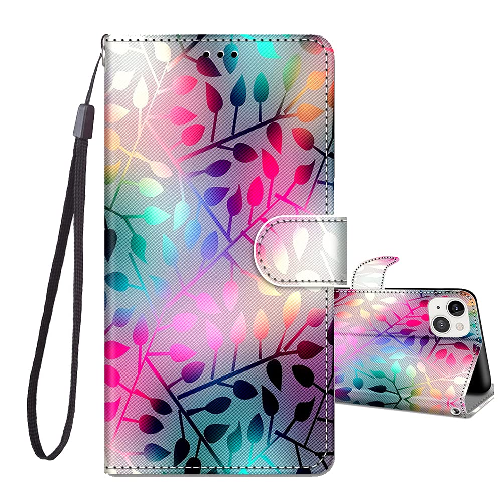 JRIANY for iPhone 13 Case 6.1-inch, PU Leather Wallet Case with Card Holder Animal Pattern Cute Design Shockproof Cover Flip Case Compatible with Apple iPhone 13 - Leaves H — image 1