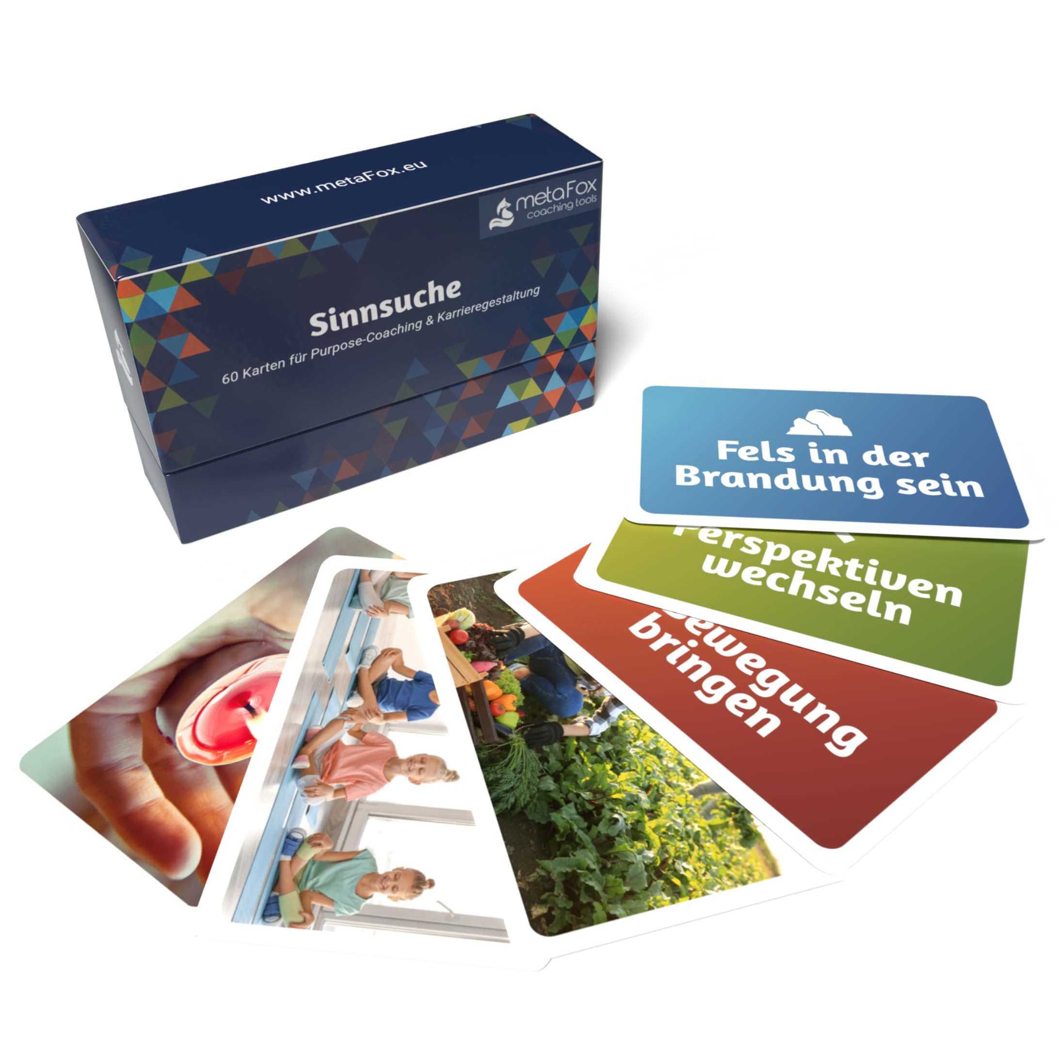 metaFox Kartenbox ‘Sinnsuche’ – 60 Coaching Karten für die Suche nach Sinn, Logotherapie und Karriere-Coaching – Kommunikationskarten für die Gruppentherapie