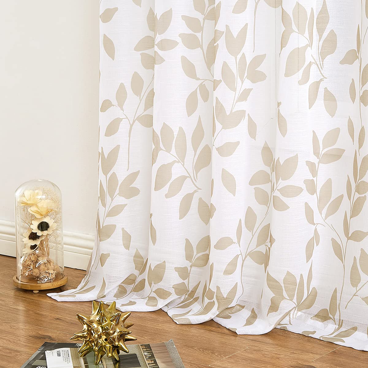Leaf Print White Sheer Curtains for Living Room Bedroom 54 Inches Drop Taupe Leaves Country Botanical Pattern Eyelet Voile Curtains Light Filtering Linen Textured Semi Sheer Curtain Panels 50” w 2pcs