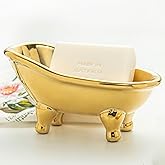 Soap Dish, Ceramic Soap Holder with Drainage for Shower, 1 Pack Bar Soap Tray, Keep Soap Dry &amp; Easy Clean, Sponge Holder for Bathroom, Bathtub Kitchen Sink (Golden)