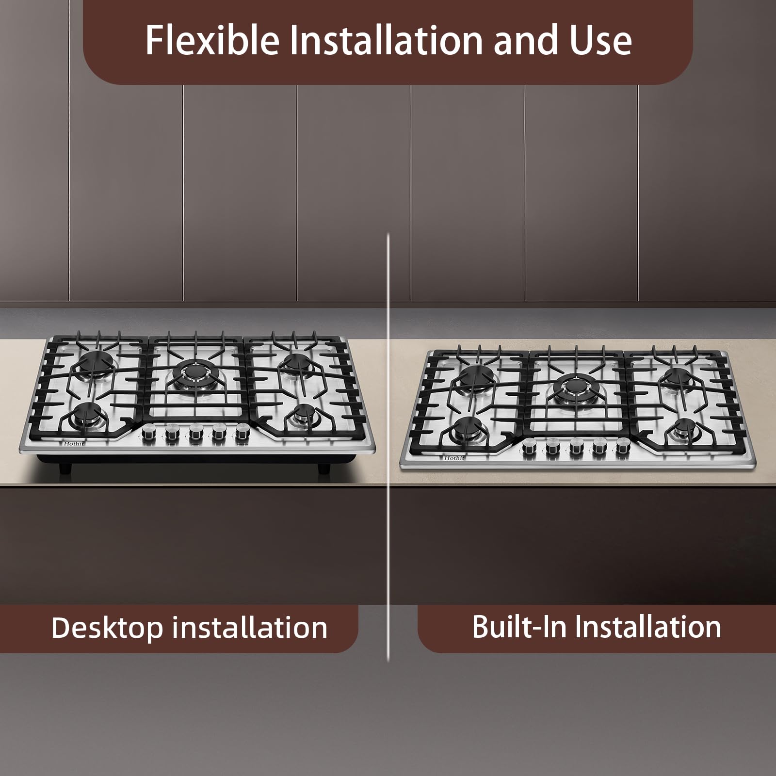 Hothit 5 Burners 36 inch Gas Cooktop, Stainless Steel Gas Range Top, Gas Cooker Stove Propane Gas/Natural Gas Convertible AHT36IN10S-SDKP