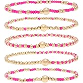 Tyebiva Rainbow Hot Pink Beads Stack Bracelets for Women, 5Pcs Cute Boho Handmade Gold Beaded Stackable Stretch Bracelet Everyday Fashion Jewelry Gift.