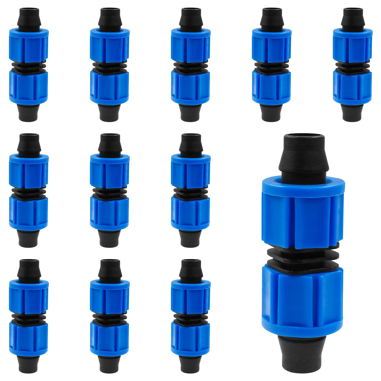 Photo 1 of Kyuionty 12Pcs Universal Drip Irrigation Coupling, Irrigation Tubing End Cap Plug for 16-17 mm Drip Tape Tubing Sprinkler Systems (Blue)