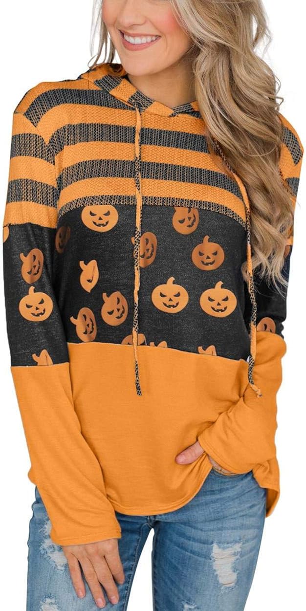 Grace's Secret Women’s Halloween Hoodies Pumpkin Long Sleeve Stripe Tunic Sweatshirt Pullover Blouse Top: Clothing