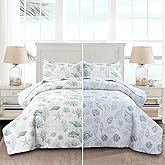 Oliven Reversible Coastal Beach Theme Quilt Set Queen/Full Size Ocean Coral Bedding Seaweed Bedspread Ocean Life Blue Green White Shell Starfish Coverlet Summer Lightweight Beach Daybed Sets