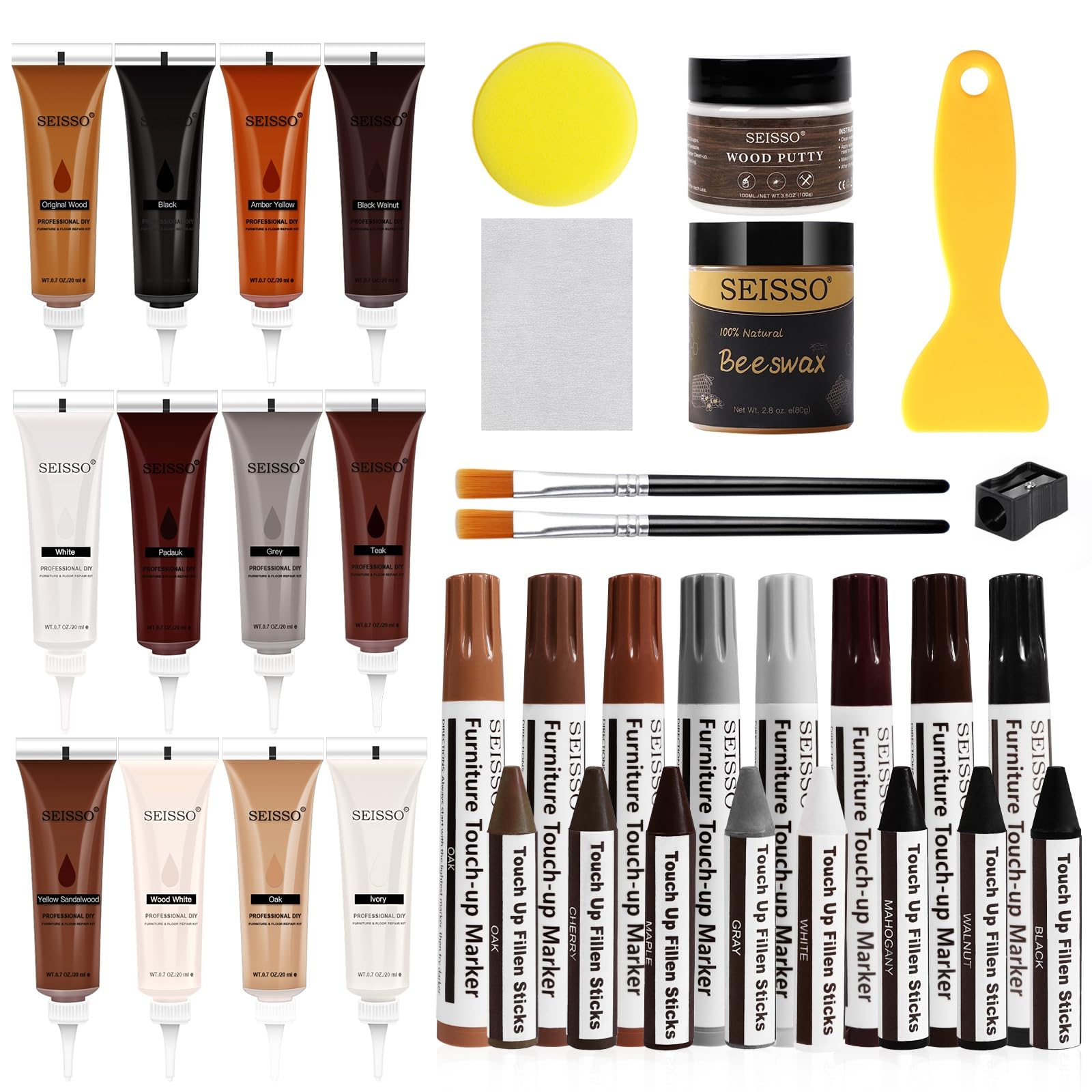 SEISSO Wood Furniture Repair Kit, Set of 36 with Wood Putty, Beeswax, Furniture Touch Up Pens, Laminate Floor Repair Kit for Repairing Scratch, Cracks, Hole, Door, Floor, Table, Cabinet