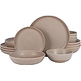 Gibson Elite Laguna Bliss 16 Piece Stoneware Reactive Glaze (Service for 4) Ceramic Plates and Bowls Dinnerware Set - Matte Beige-Gray W/Terracotta Bottom