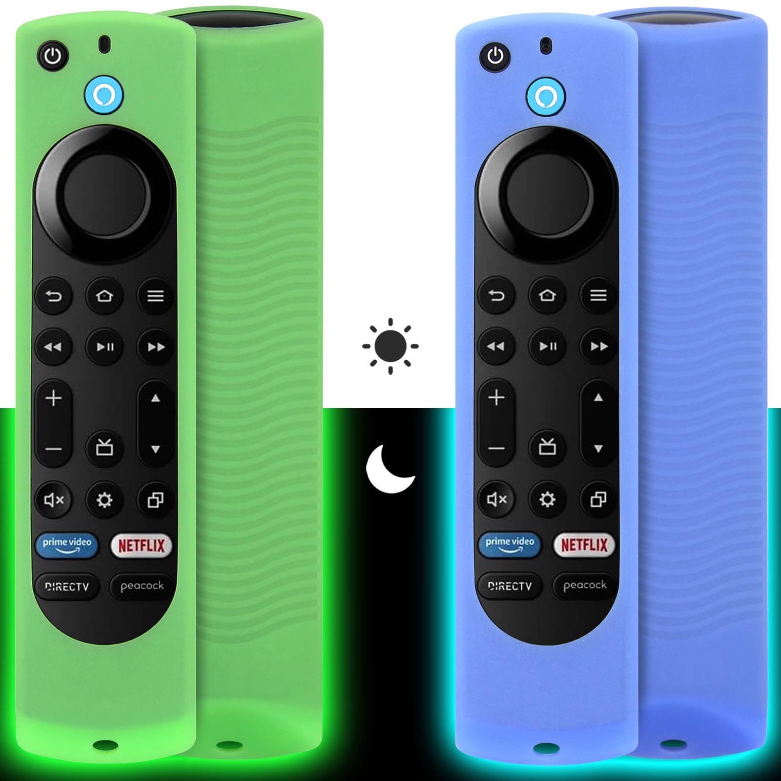 Pinowu Silicone Remote Case (2pcs, Nightglow) Compatible for Fire TV Stick 4K Max/Insignia/Pioneer/Fire TV 4-Series/Omni Alexa Voice Remote Enhanced w/Lanyard (Green and Blue)
