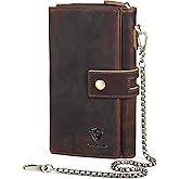 Handadsume Genuine Crazy Horse Leather Travel Gift Coin Pocket Card Case Long Organizer Chain Rfid Wallet Purse With Snap For Men Male 1803 1815 (W-1819-Brown)