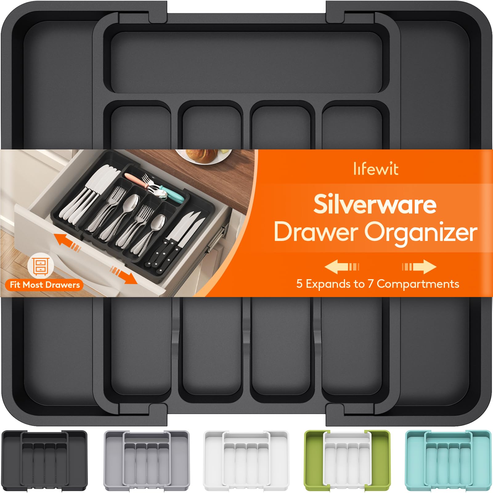 Photo 1 of Lifewit Silverware Drawer Organizer, Expandable BPA Free Utensil Tray for Kitchen, Adjustable Flatware and Cutlery Holder for Spoons Forks Knives, Plastic Kitchen Organizers and Storage, Black