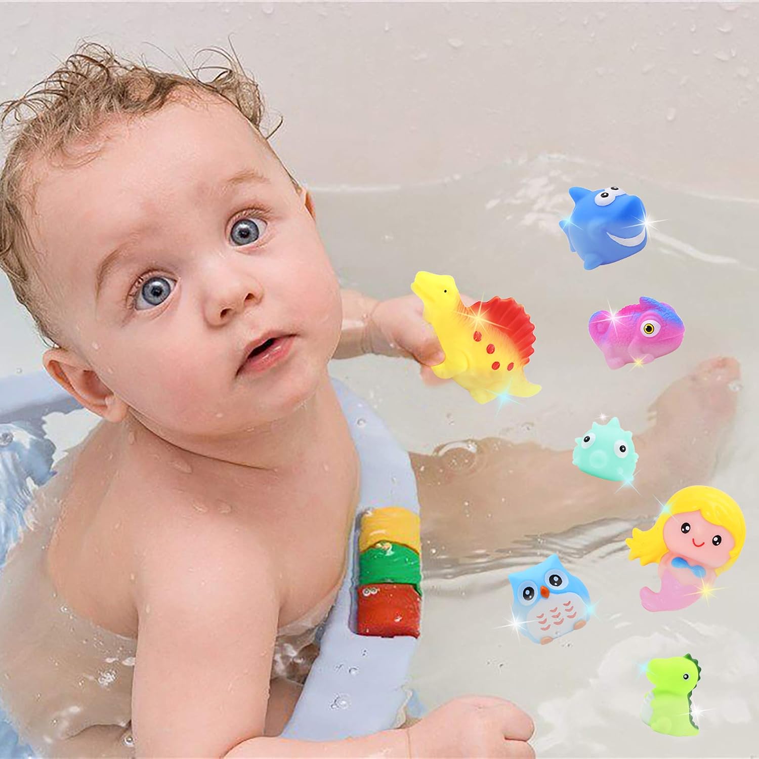 Animal Toy Bath Floating Toy with Auto Flashing Early Learning Toy Package with 8 Pcs Dinosaur Shark Flamingo Mermaid Bathtub Shower Toy Gift for Kids and Pets - Image 3