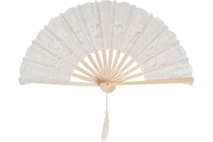 choyaxo Cotton Lace Folding Hand Fans Embroidered Flowers Pattern Handheld Fans for Costume Weddings Dancing Party DIY Bridal Hand Fan (Beige)