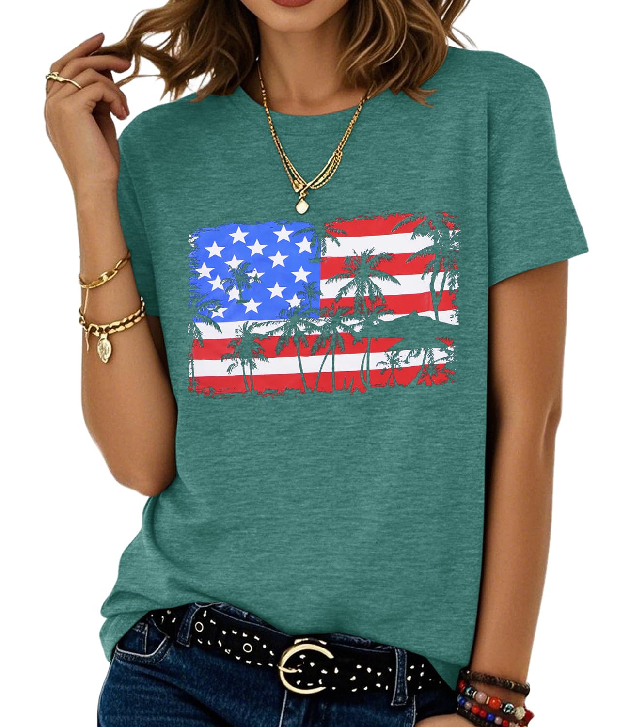 Photo 1 of (medium) Hawaiian Shirts for Women Palm Trees Beach Graphic Tee Tops Summer Vacation Short Sleeve Tshirt Tops (Medium, Green)