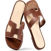 Rosella Carlie Leather Sandals For Women Slides for Women | Fashion Flat Womens Sandals with Comfortable Insole - 2026 Summer Stylish and Non-Slip Slides Sandals Womens Footwear