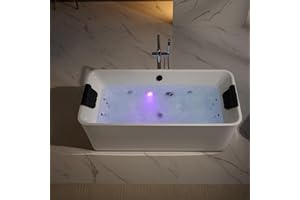Empava Update Acrylic Whirlpool Bathtub, 67-Inch Freestanding Rectangular Jetted Bathtub with Healing Chromotherapy, 18 Hydromassage Jet, Double-Ended Bathtub with Black Pillows and Nozzles
