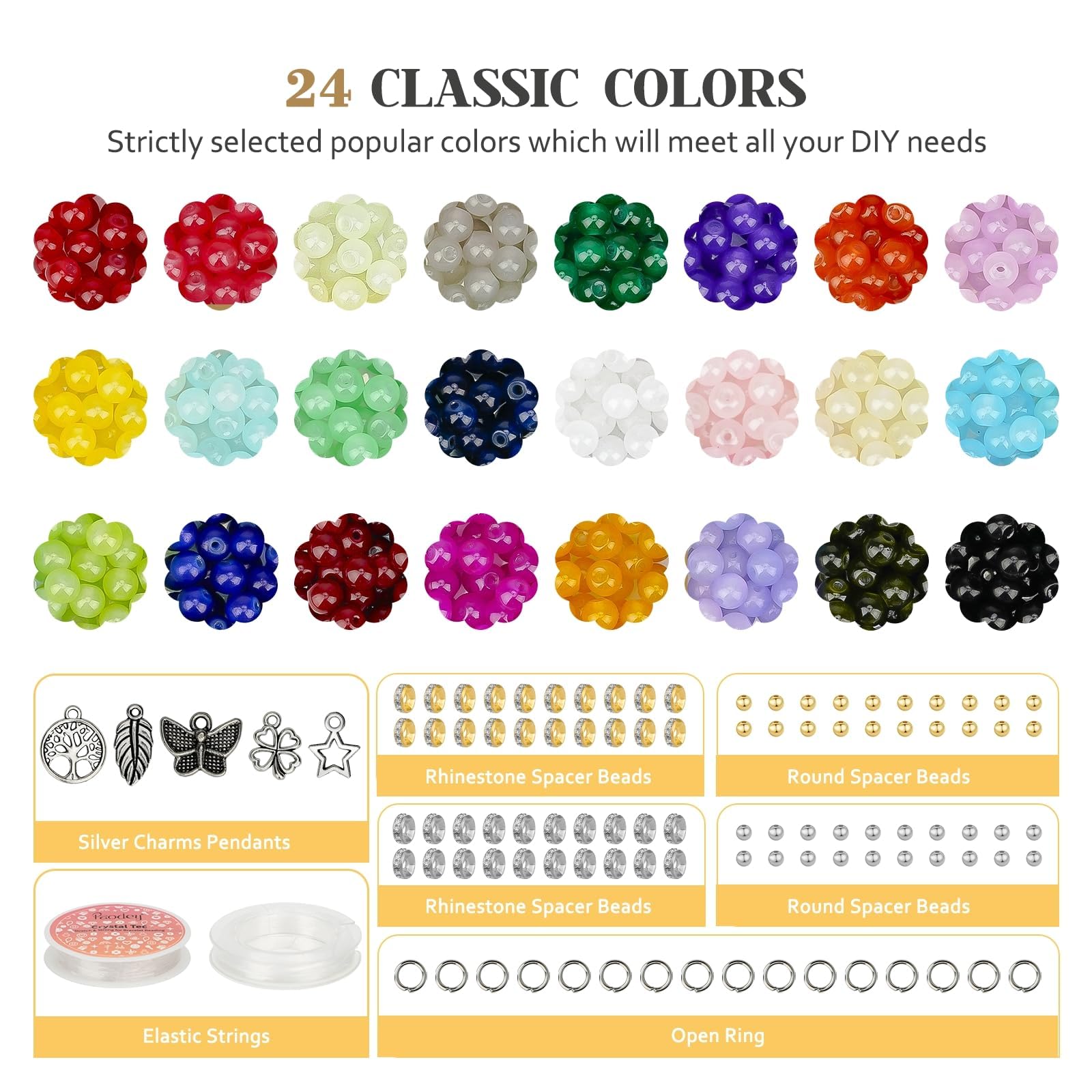 Sistenia 6mm Glass Beads Bracelet Making Kit 1400pcs, 24 Colors Crystal Beads for Jewelry Making Round Beads DIY Crafts with Spacer Beads Charms Accessories