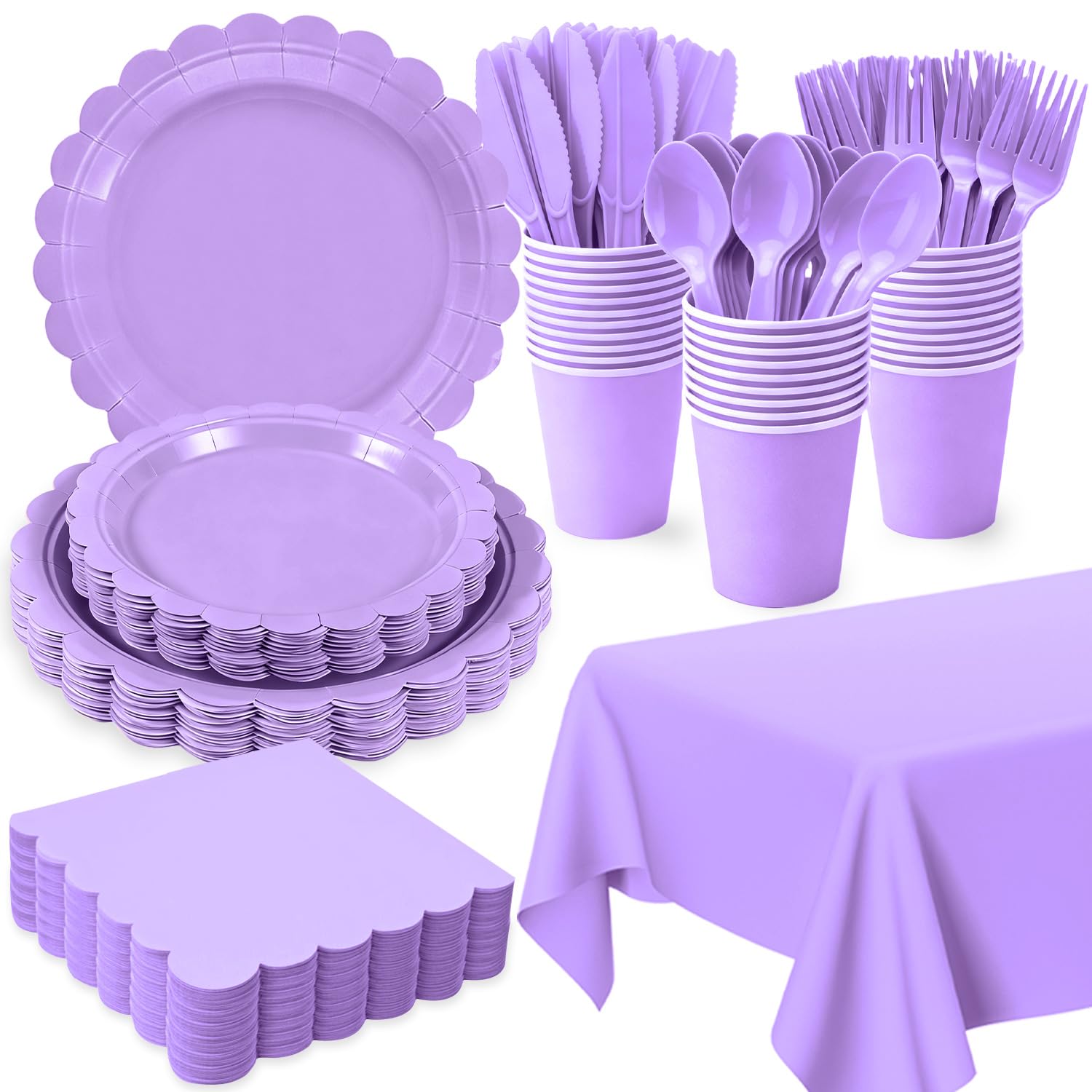 Photo 1 of 176 PCS Purple Party Decorations - Light Purple Scalloped Plates, Napkins, Cups, Cutlery, Tablecloth for Baby Shower, Wedding, Lavender Birthday Decorations, Serves 25