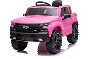Kidzone 12V Battery Powered Licensed Chevrolet Silverado Trail Boss LT Kids Ride On Truck Car Electric Vehicle Jeep with Remote Control, MP3, LED Lights - Pink