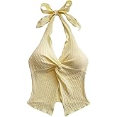 QJQ Women's Halter Tops Twist Front Slit Backless Cute Summer V Neck Tank Top Vacation Outfits