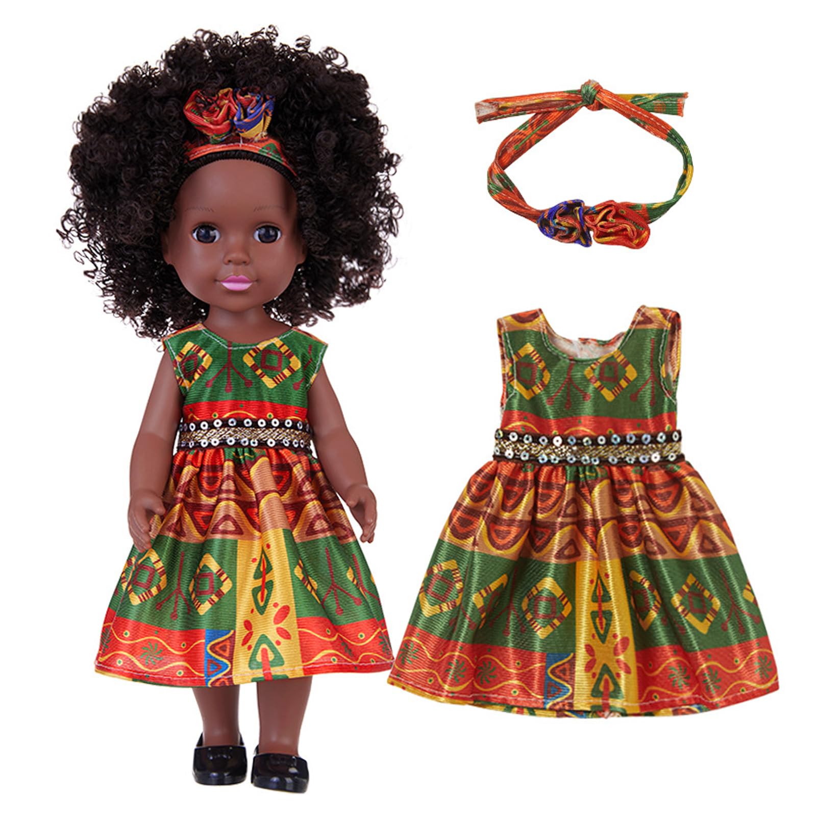 Qudinip 14 Inch Black Doll, Cute Dress with Hairband and Afro Hair, Changeable Clothes for Girls, Multicultural Fashion Doll for Kids Playtime