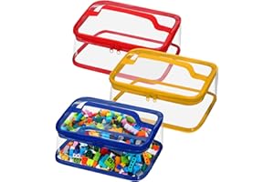 Nitial 3 Packs Small Clear Toy Storage Bags, PVC Toy Storage Bags with Zipper Handle, Waterproof Transparent Container for Small Toys, Building Blocks and Board Games(Red, Blue, Yellow)