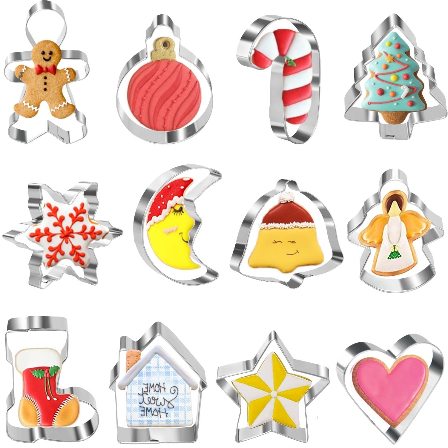 Mini Christmas Cookie Cutters Set of 12 Pieces Small Christmas Xmas Biscuit Cutters Star Tree Angel Bell Stocking Heart & More Shapes Stainless Steel for Holiday Baking